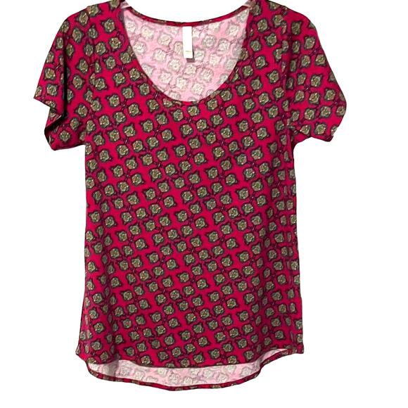 LULAROE SHORT SLEEVE PULL-OVER TOP, WOMENS, M, CRANBERRY & GREEN ABSTRACT, Hi-LO - Picture 1 of 10